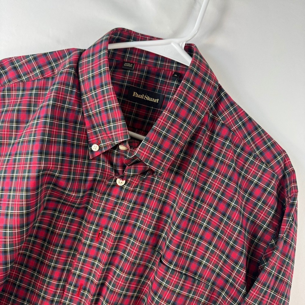 Paul Stuart Mens XL Plaid Button Down Shirt Red Green Cotton Made in Canada
